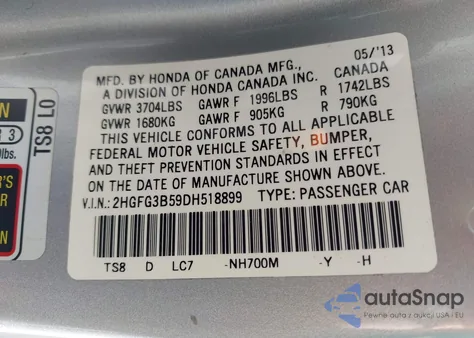2013 Honda Civic Lx z USA, uszkodzony, nr VIN 2HGFG3B59DH518899